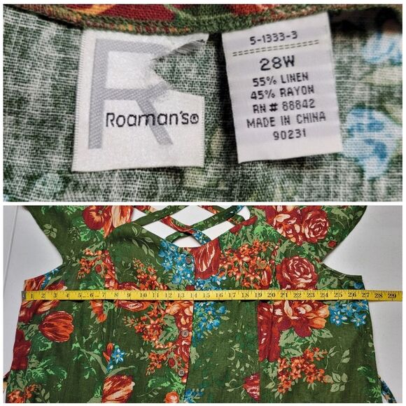 Roaman's Linen Blend Green Floral Tie Back Button Down Dress Women's Plus Size - Picture 8 of 8